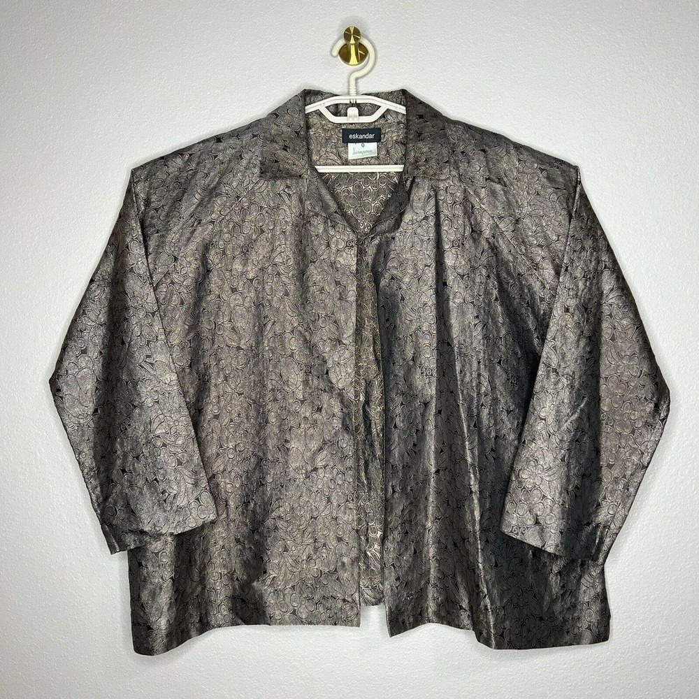 Eskandar Brown Silk Metallic Shimmer Floral Butterfly Open-Front Jacket